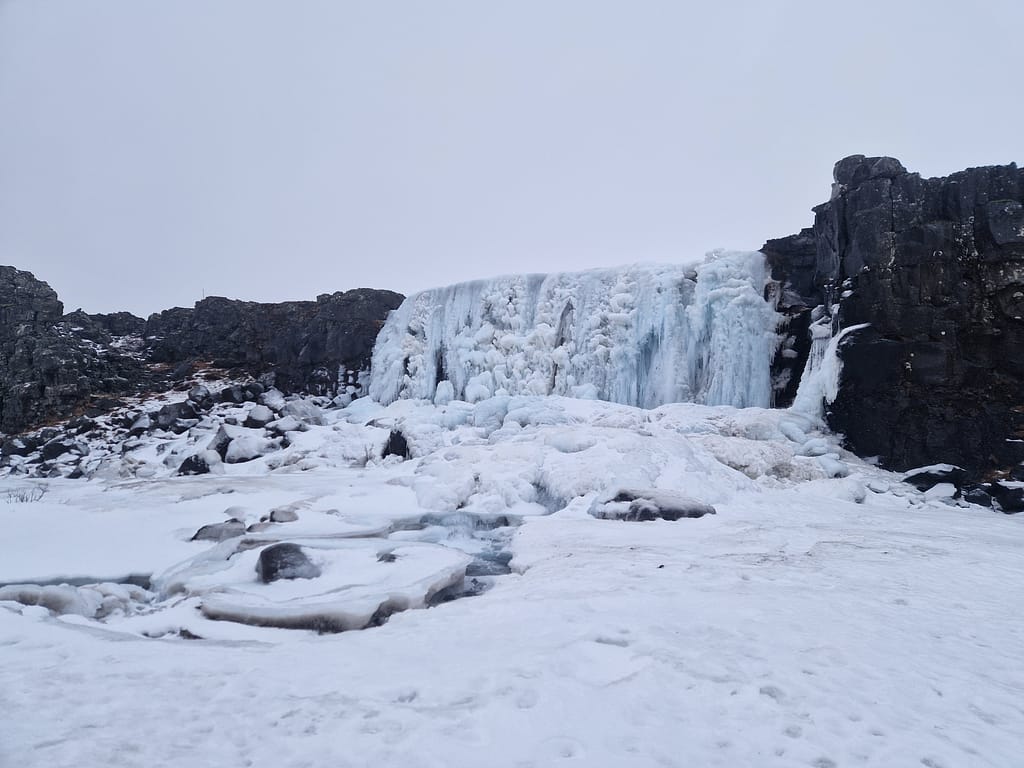 Öxarárfoss waterfall Öxarárfoss waterfall in Iceland in winter