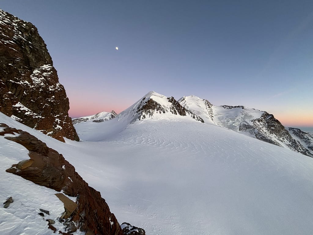 Sunset over Pollux and Castor mountains in the Monte Rosa Massif, Pennine Alps
