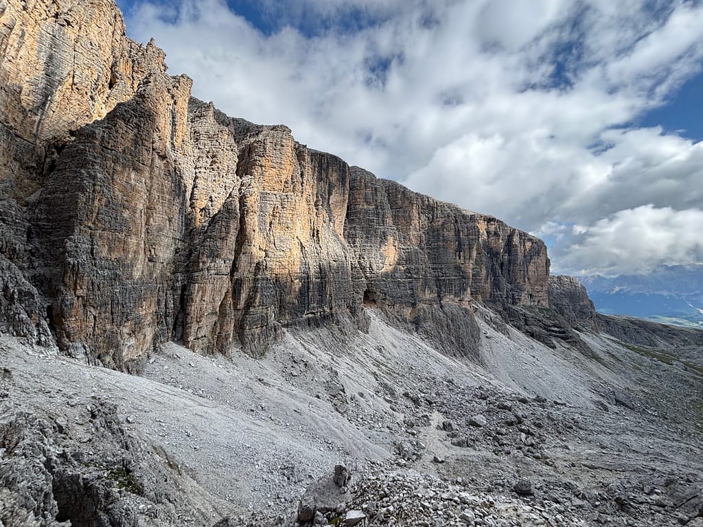 Panoramic views of Sella Dolomites from top of via ferrata Vallon