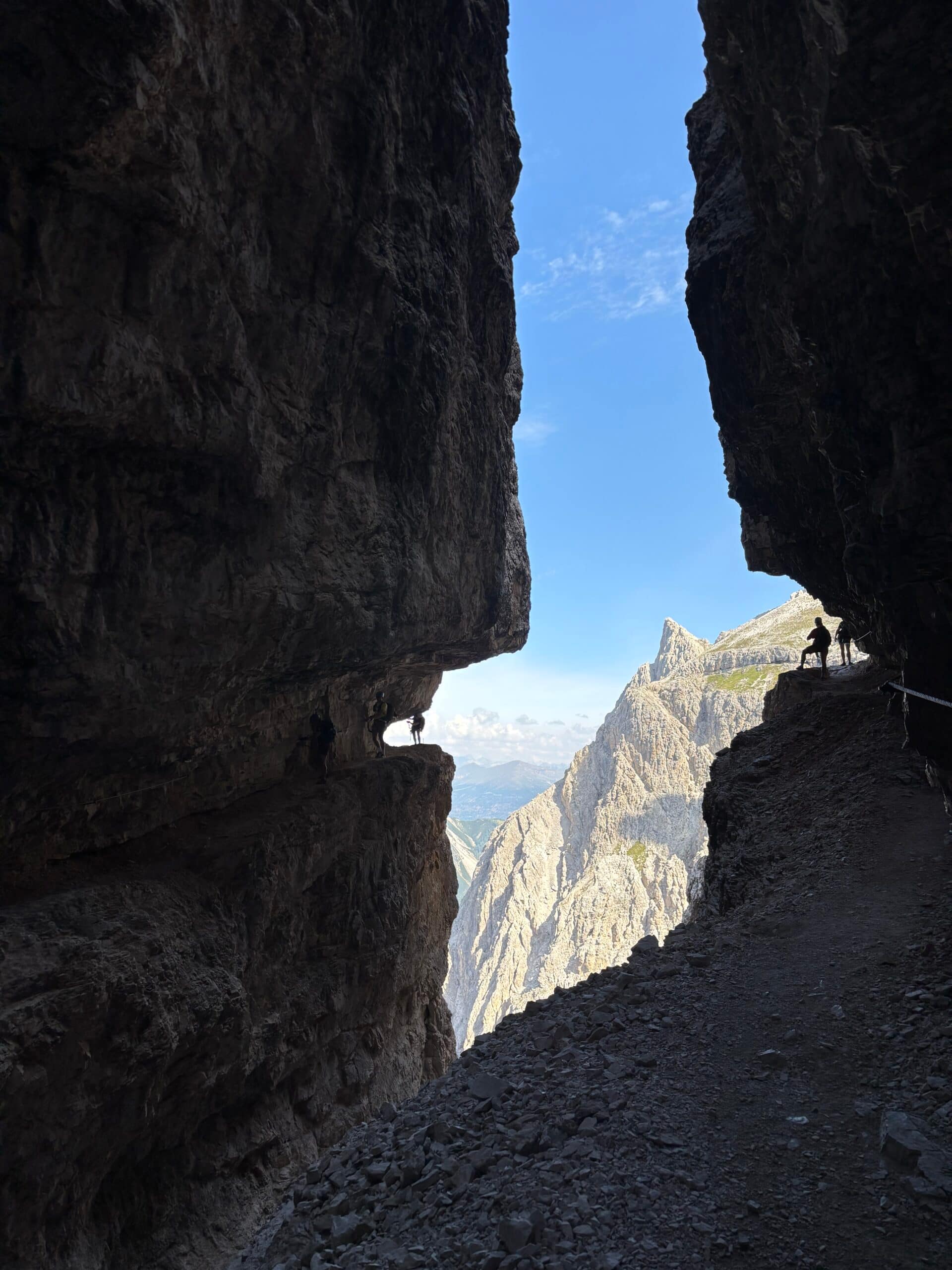 Cengia della Salvezza ledges of the via ferrata Strada degli Alpini in the Sesto Dolomites, Italy