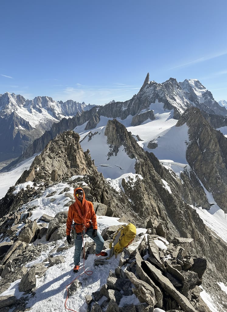 Mountaineer standing on the Aiguilles d'Entrèves ridge with Dent du Geant in the back