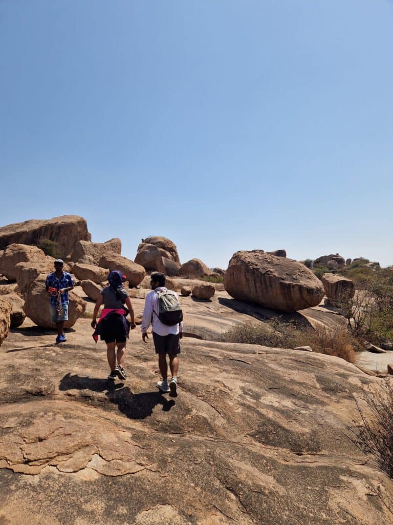 Hiking to a rock climbing spot in Hampi, India